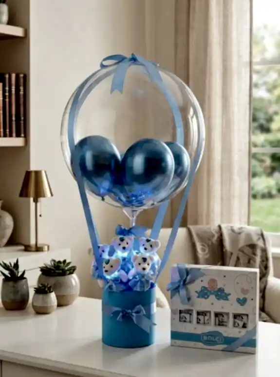 Balonlu Kutu Aranjman Mavi Ve Bolçi Çikolata Seti