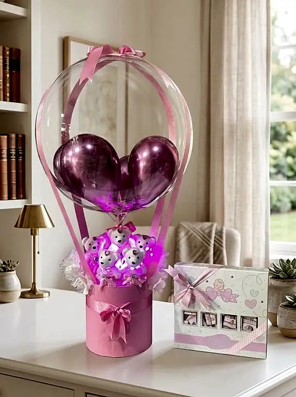 Balonlu Kutu Aranjman Pembe Ve Bolçi Çikolata Seti